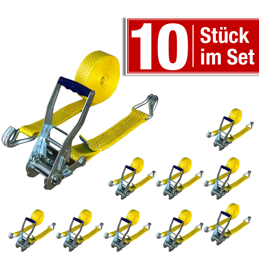 Zurrgurt-Set 10-tlg. 2-teilig, mit Spitzhaken 50 mm mit Ratsche, 8 Meter